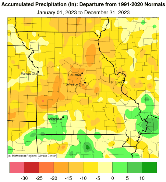 Accumulated precipitation (inches): departure from 1991-2020 normals, Jan. 1-Dec. 31, 2023