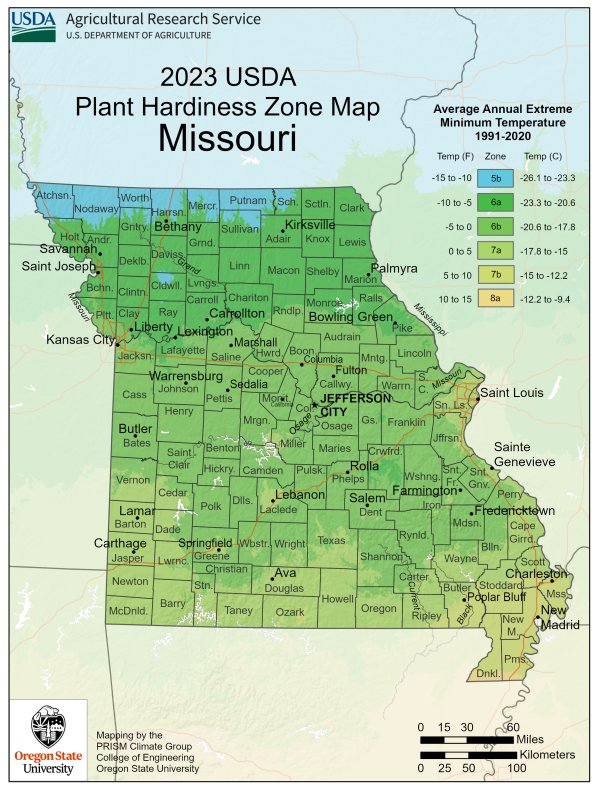 2023 plant hardiness zone map for Missouri